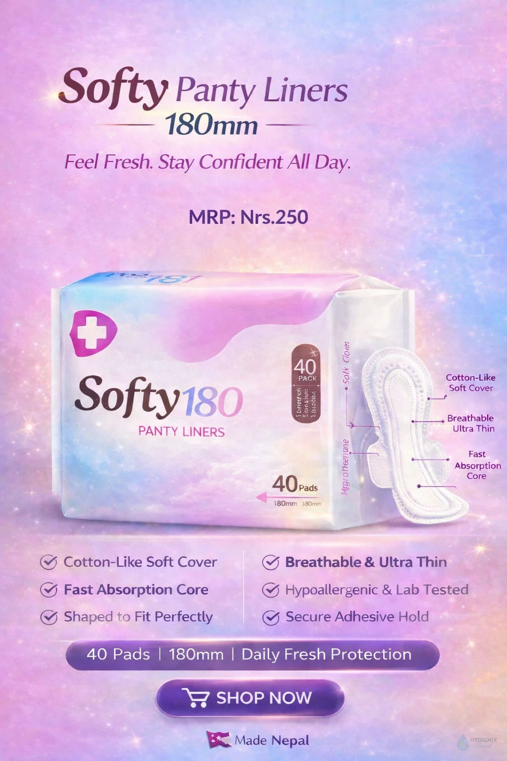 Softy Panty Liner 180mm-40pcs - Hygienix Nepal